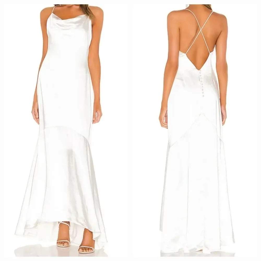 Elliatt Ivory Satin Cowl Neck Slip Gown with Open Crisscross Back
